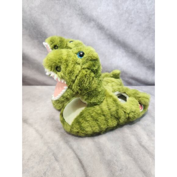 Build a Bear Dinosaur Slippers Child Size M 12/13 Furry Slip On Green T-rex EUC - Picture 1 of 7